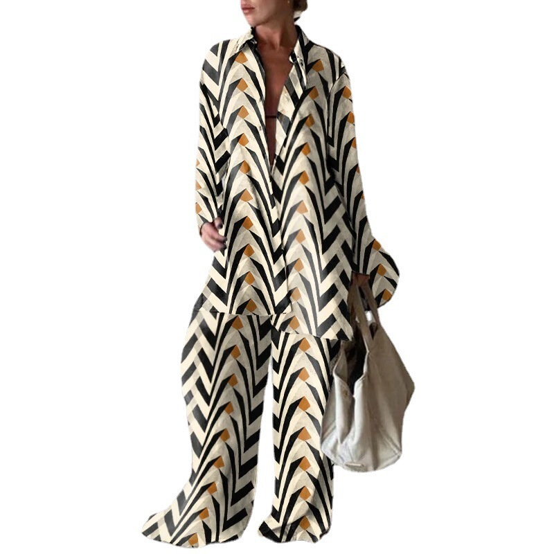 欧米の新型プリントスーツのゆったりした長袖vストレートズボンのワンピース旅行レジャー休暇の代理|undefined