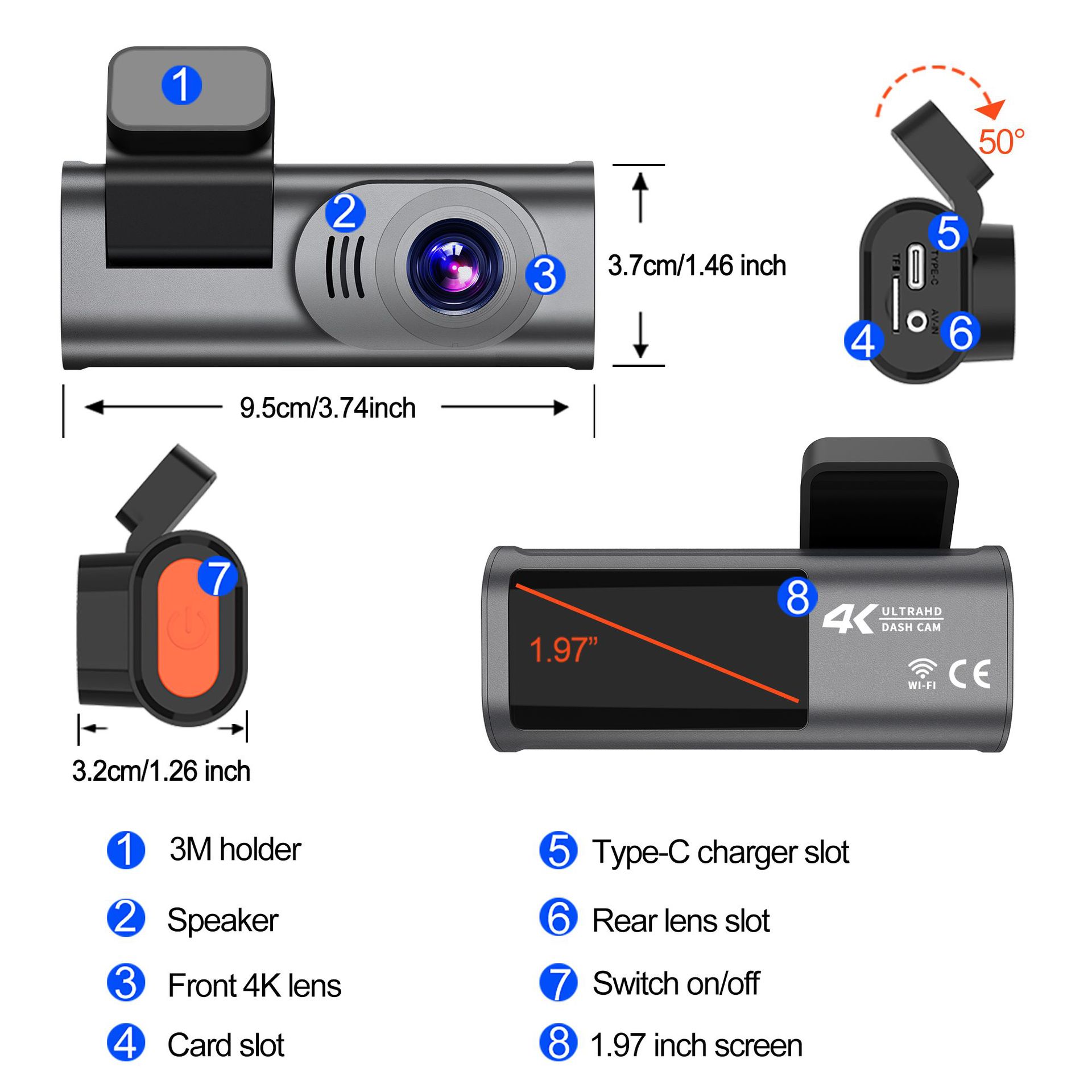 4Kgps Dash Cam with Front and Rear Dual Recording, Wifi Parking Monitoring, Dual-Lens Ultra-Clear Wide-Angle Car Camera