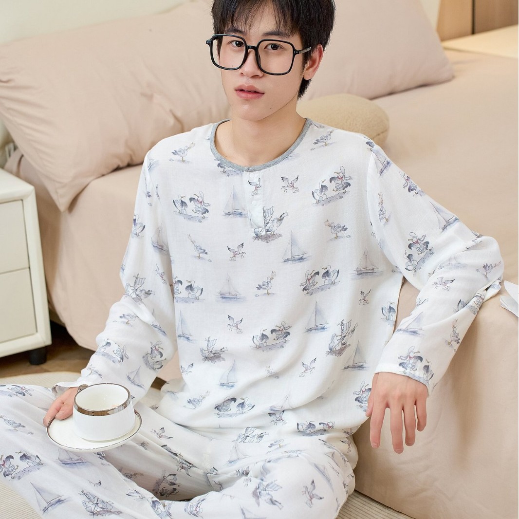 남성용 대나무 면 통기성 및 흡습성 봄 여름 홈웨어 세트 긴 소매 바지 홈 캐주얼 잠옷