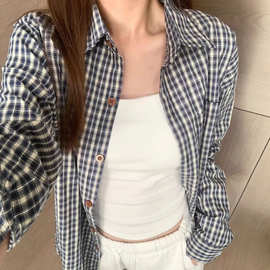 条纹格子衬衫外搭女春秋季新款小众韩系慵懒风休闲防晒衬衣外套