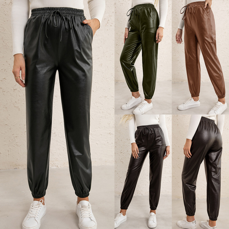 Foreign trade Amazon European and American loose casual motorcycle leather all-match trousers elastic waist PU leather ankle-tied leather pants for women
