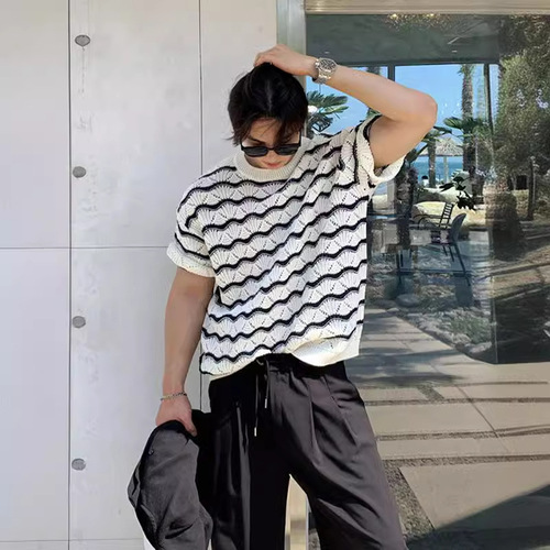 Men's T-shirt Short Sleeve Summer Streetwear High-End Heavy Work Hollow Knit Top with Floral Wave Striped T-shirt