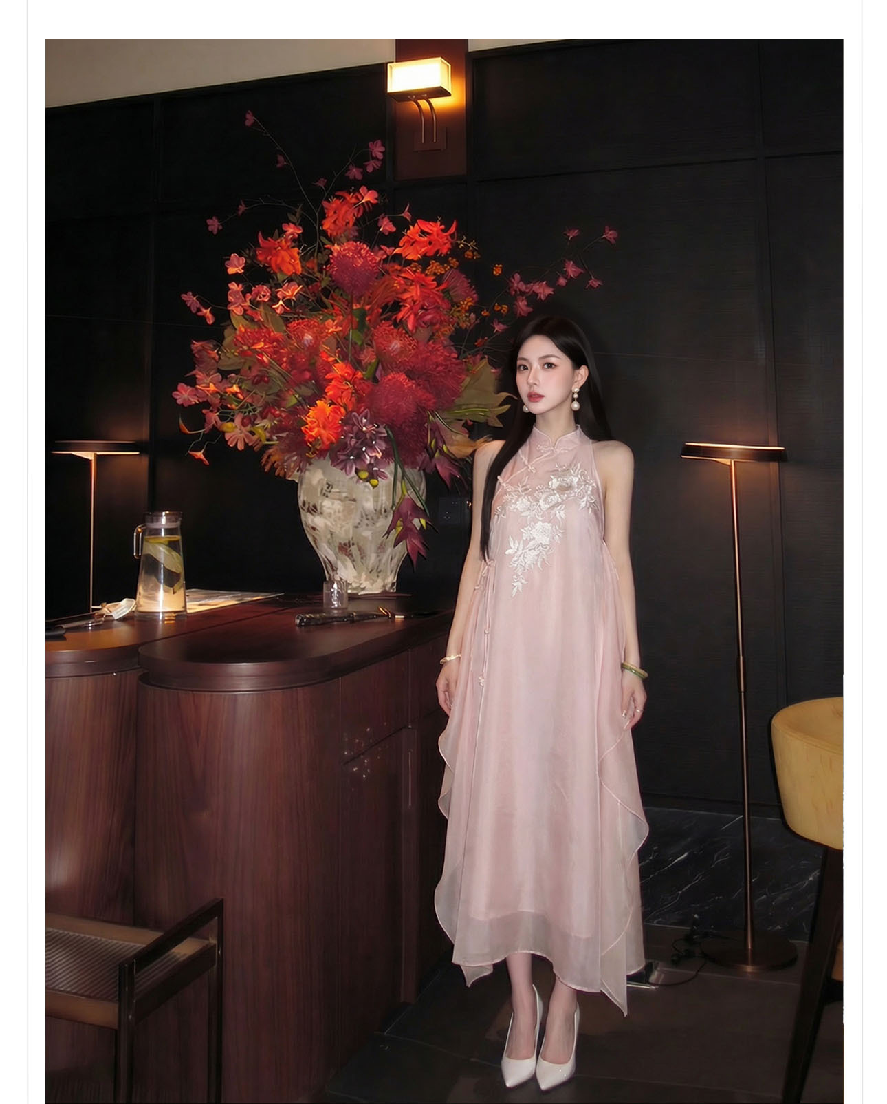 Đầm maxi thêu hoa phong cách Trung Hoa cổ điển, chất vải mỏng nhẹ mùa hè, tay lỡ, thắt eo — hồng chi tiết 14