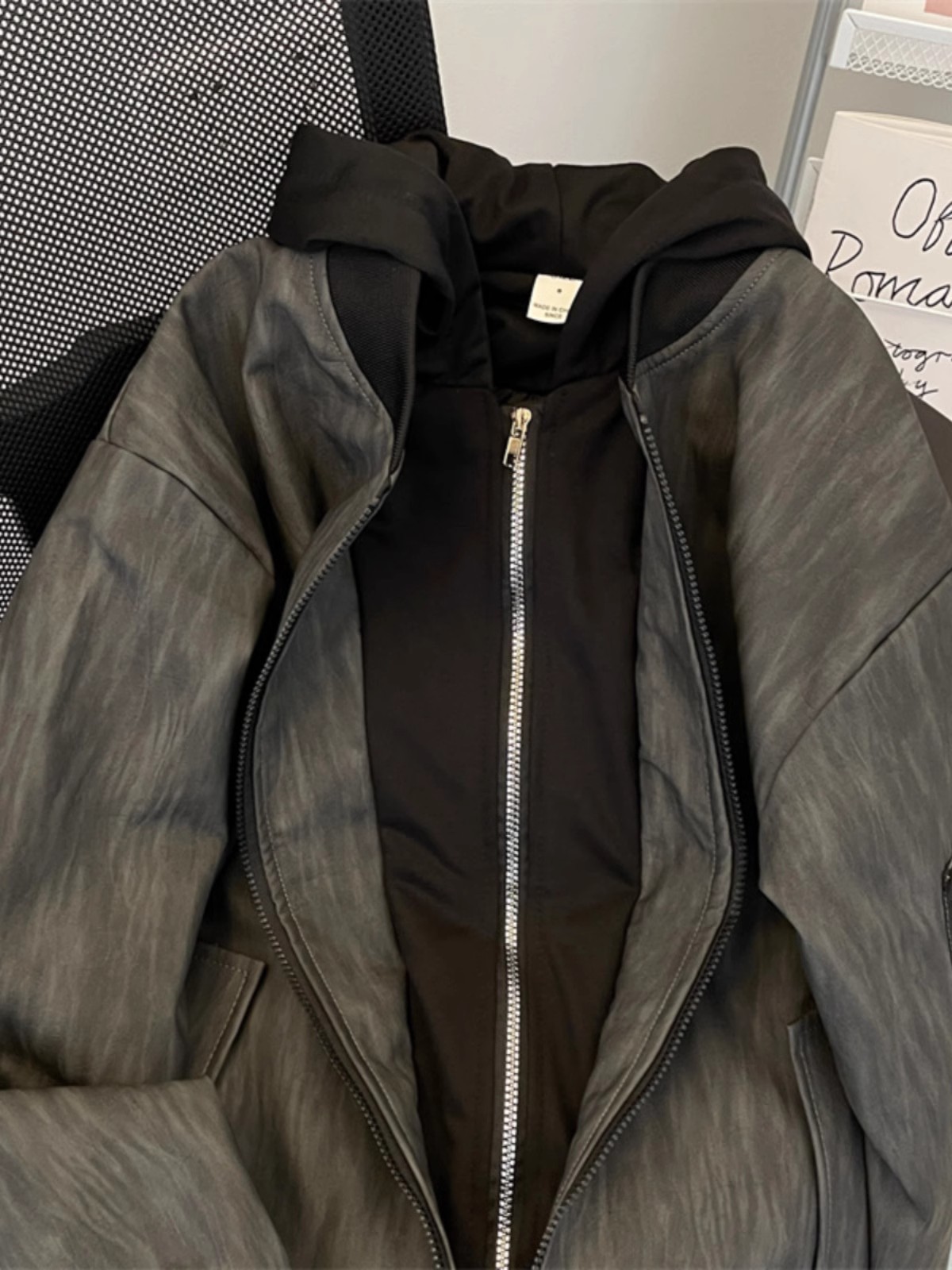 Chaqueta de cuero de dos piezas con capucha y cremallera con textura gris negro de alta calidad para hombre, chaqueta suelta de todo fósforo de la calle, chaqueta de cuero pu