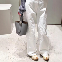 潮牌LOWE毛巾刺绣白色牛仔裤女高腰显瘦休闲直筒阔腿裤刘亦菲同款