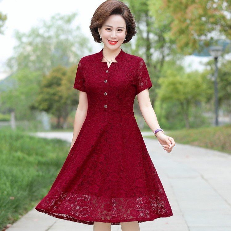 Mother's Wedding Lace dress Women's Noble Summer Dress for Mother-in-law Wedding Red Dress for Middle-aged and Old People Wedding Party