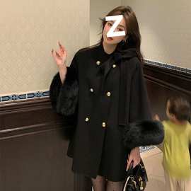 高级感法式毛呢外套秋冬新款气质加厚保暖毛毛袖口呢子大衣小个子
