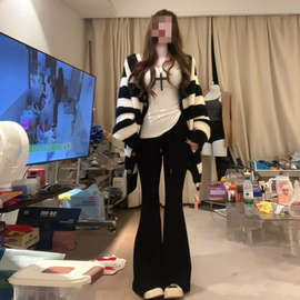 慵懒风宽松白色条纹针织开衫毛衣外套女早秋冬季新款中长秋冬上衣