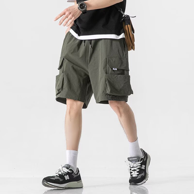2025 Summer New Ice Silk Shorts Men's Trendy Japanese Casual Loose Thin Multi-Pocket Cargo Straight Pants