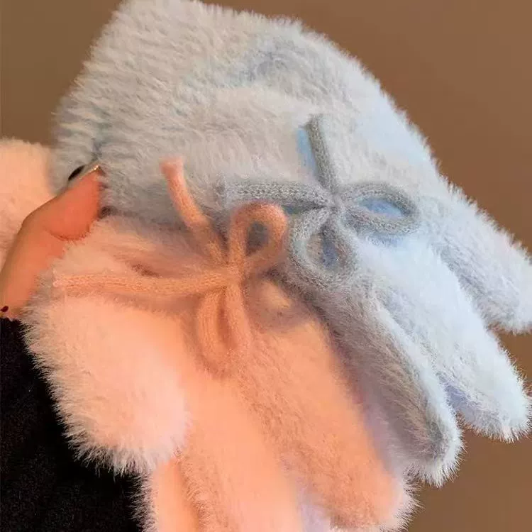 Cute blue knitted velvet gloves with bow, keep warm set