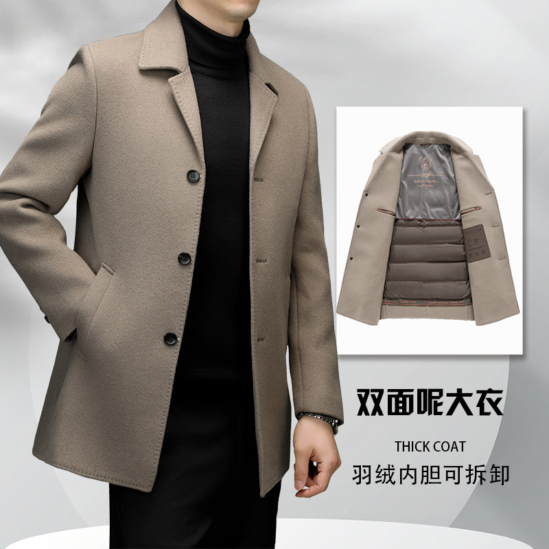 2025 Autumn Double-Faced Wool Overcoat for Men, Suit Collar, Down Lined, Thick Mid-Length Trench Coat
