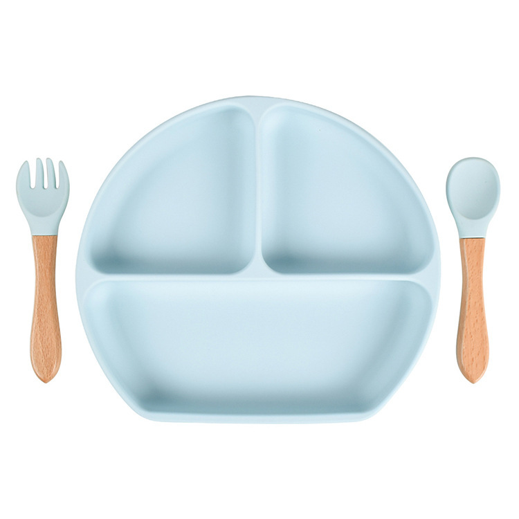 スポット分格子供食器ベビー吸盤シリコンボウル赤ちゃんスプーンストロー一体式シリコン皿|undefined