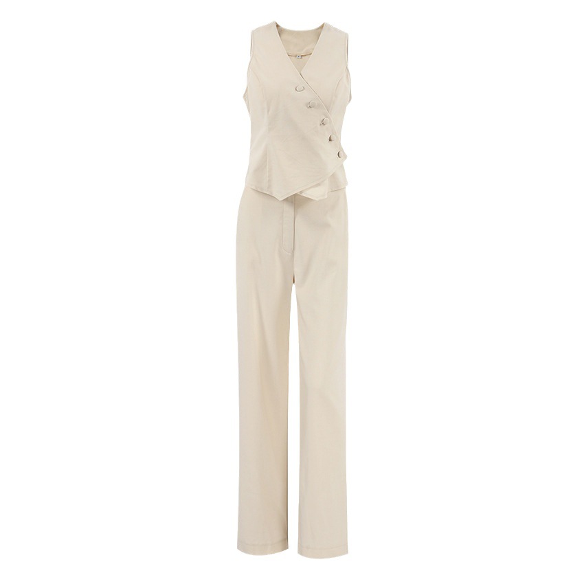 Women's Clothing commuting apricot cotton and linen vest vest wide leg pants two piece suit female 2024 summer deconstruction design suit_voghion.com
