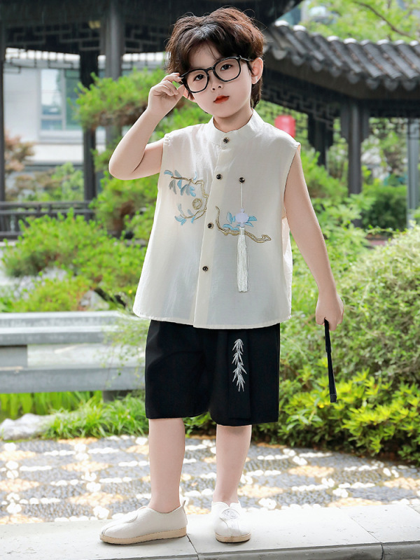 男の子夏の1歳ドレススーツ2025子供ベビーファッショナブルな新しい中国風の夏の新しい刺繍ツーピースセット|undefined