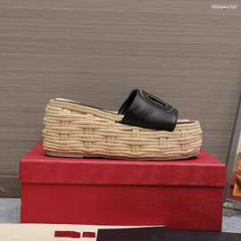 2024夏季新V扣麻绳编织底坡跟拖鞋女厚底增高一字拖牛皮外穿拖鞋
