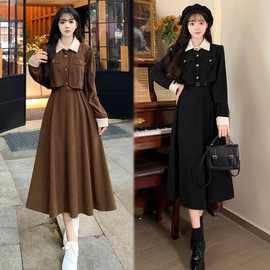 胖妹妹遮肚显瘦娃娃领灯芯绒长裙少女秋冬中学生假两件过膝连衣裙