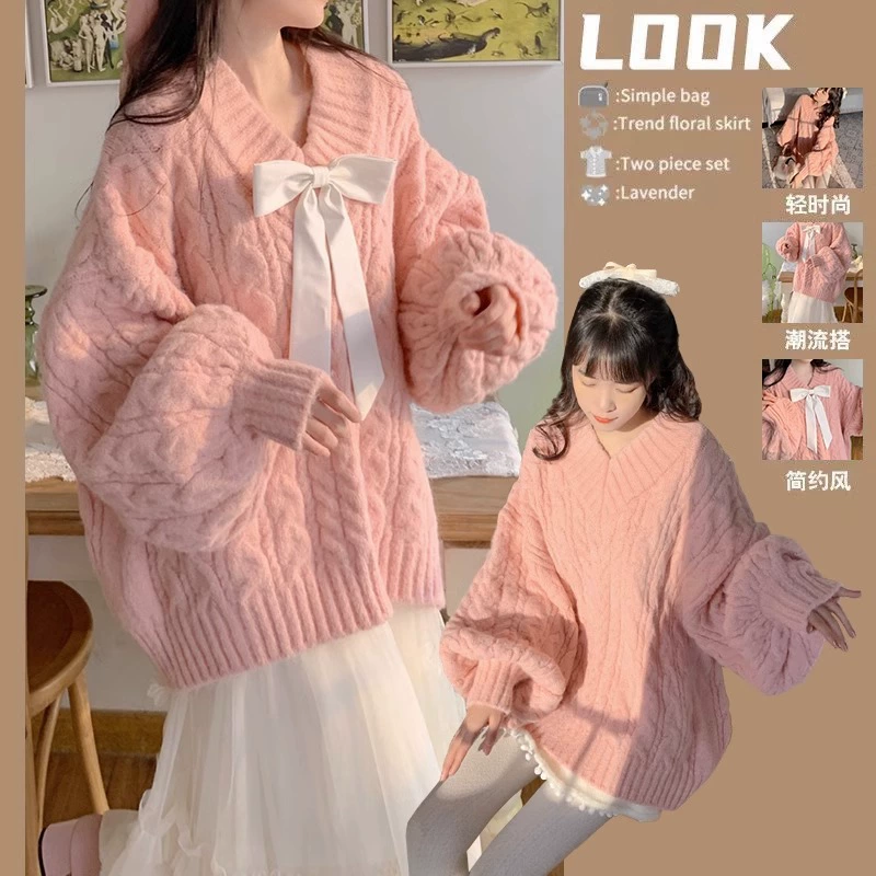 В этом году популярный мягкий клейкий свободный ленивый ветер розовый свитер с v-образным вырезом