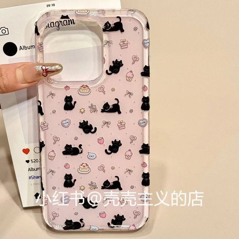 韩系草莓小黑猫支架链条适用iPhone16promax苹果15手机壳14新款13|undefined