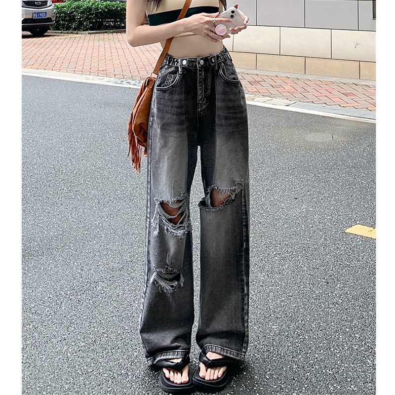 Trendy New Slimming High-Waisted Straight Ripped Jeans for Women, Loose Retro High Street Fashion Ins Wide-Leg Pants Trendy New Slimming High-Waisted Straight Ripped Jeans for Women, Loose Retro High Street Fashion Ins Wide-Leg Pants