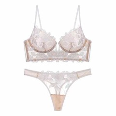 New European and American sexy deep V embroidered lace underwear women ultra-thin big chest small anti-sagging bra set bra 