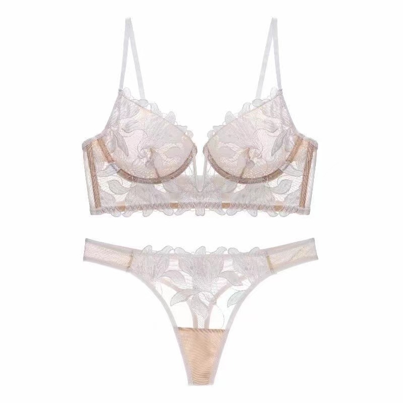 European and American New Style Sexy Deep V Embroidered Lace Lingerie for Women, Ultra-Thin, Large Bust Minimizing, Anti-Sagging Bra Set