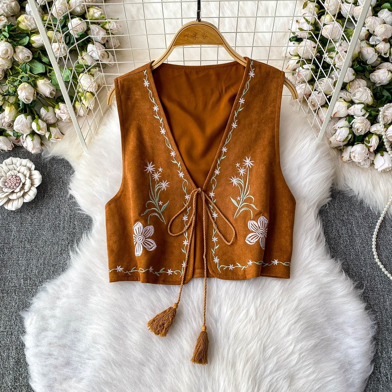 エスニックスタイルレトロ鹿革刺繍Vネックレースアップベストレディース夏ルーズスリムショートノースリーブトップ|undefined