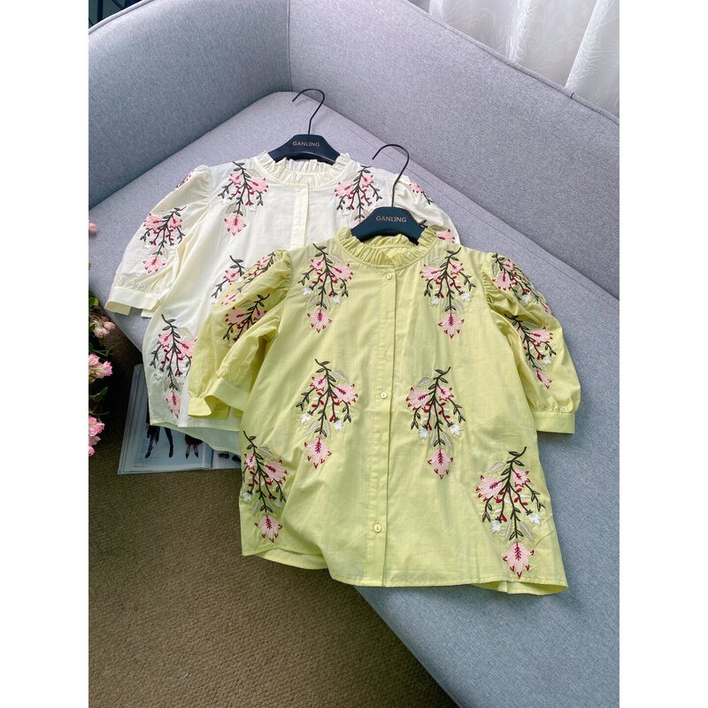 Beautiful to the Core~2-Color Chic Floral Embroidered Puff Sleeve Shirt for Women, French Style, Elegant and Flattering, Suitable for Commuting