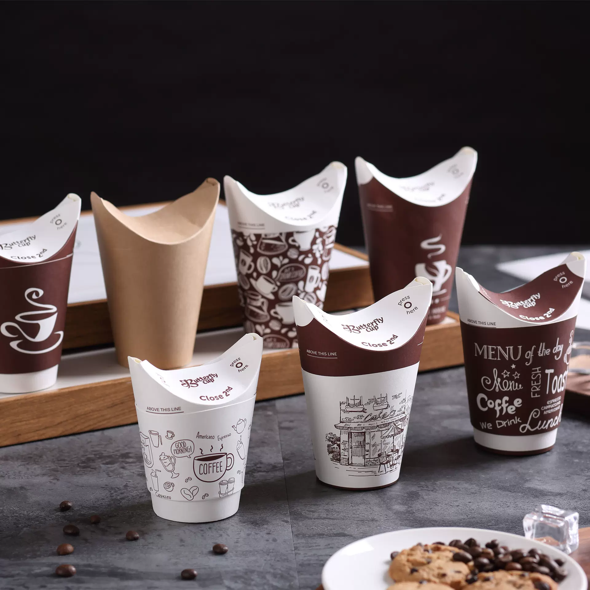 样品高端单双哑膜淋膜蝴蝶杯热饮网红杯子一次性加厚纸杯定制logo