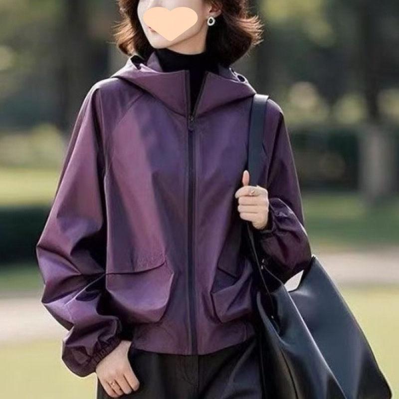 2025 New Purple Jacket for Women, Spring and Autumn Thick Early Spring Short Korean Hooded Softshell Parka Trendy
