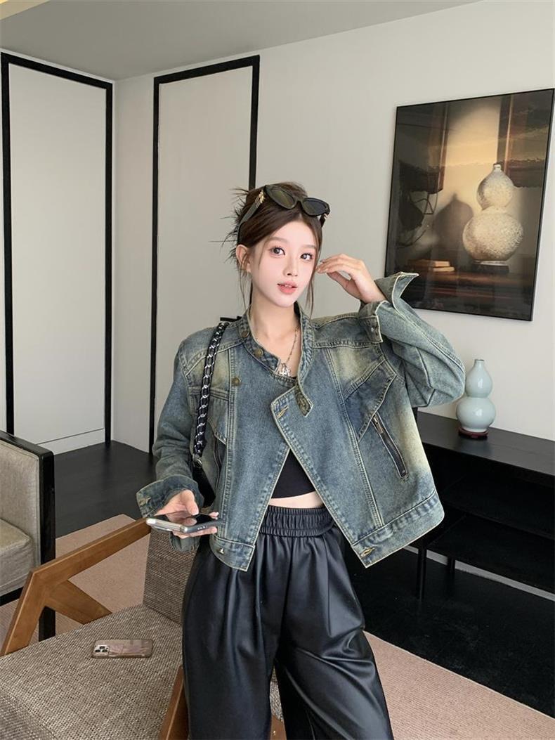 Kurtka motocyklowa dla chłopca ze stójką i dżinsowym kołnierzem, jesień 2025, nowa, unikatowa, zapinana na zamek, luźna, krótka bluzka w stylu retro_voghion.com