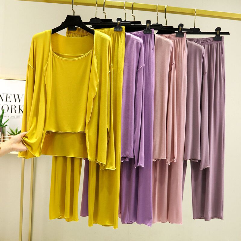 Modal Casual Imitation Sun-drying Three-piece Set One-character Collar Sling Long-sleeved Cardigan Pocket Straight Pants Large Size Thin Suit Modal Casual Imitation Sun-drying Three-piece Set One-character Collar Sling Long-sleeved Cardigan Pocket Straight Pants Large Size Thin Suit