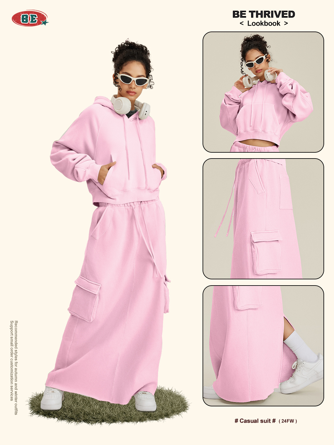 BE ropa de mujer 2025 otoño e invierno retro chica caliente lavado más terciopelo con capucha suéter corto falda larga BM traje de chica caliente mujer image 3