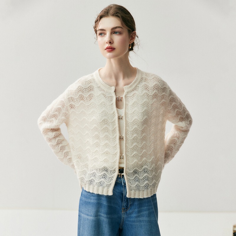 Hollow Art Mulberry Silk Cashmere Cardigan Women's Round Neck Crocheted Hollow Out Jacket Spring & Fall Long-Sleeved Knitwear Top Hollow Art Mulberry Silk Cashmere Cardigan Women's Round Neck Crocheted Hollow Out Jacket Spring & Fall Long-Sleeved Knitwear Top