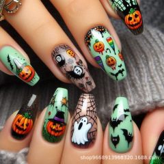 ヨーロッパとアメリカンスタイルのハロウィンミッドレングスヨーロッパスクエアマニキュアグリーンカボチャゴーストクモの巣パターンフェイクネイルステッカー