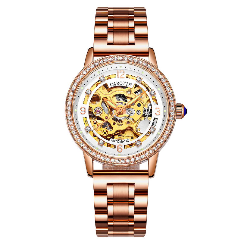 Carrotif Rhinestone Women's Watch Trendy Fashion Mechanical Watch Women's Automatic Hollow-out Wristwatch Steel Waterproof Luminous