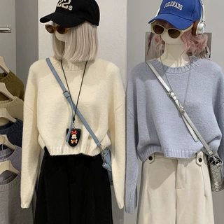 KEKEZOON 厚实软糯秋冬季韩系百搭圆领纯色长袖短款针织衫女 9295