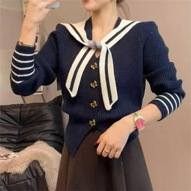 欧美V领甜美风 蝴蝶扣针织毛衣女2025冬季新款修身显瘦减龄上衣潮|undefined