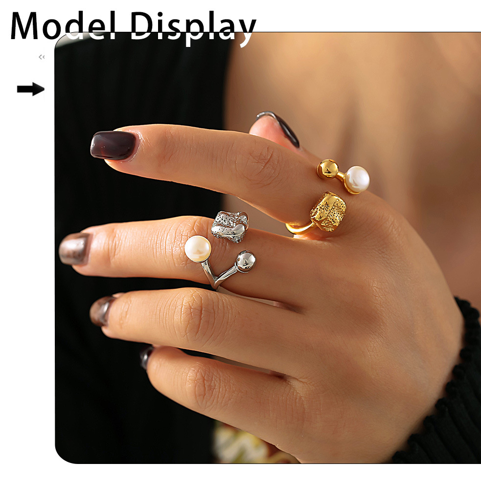 Quadratischer Zuckerring aus Titanstahl mit offener Öffnung und Imitationsperle, glatter, kugelförmiger, personalisierter Ring_voghion.com