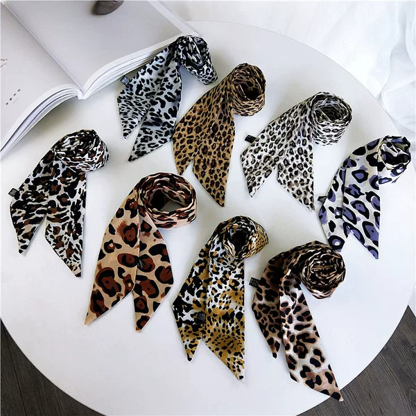 Leopard Print Small Silk Scarf Women's Spring and Autumn Summer Tie Bag Wrapping Handle Ribbon Small Wrist Ribbon New