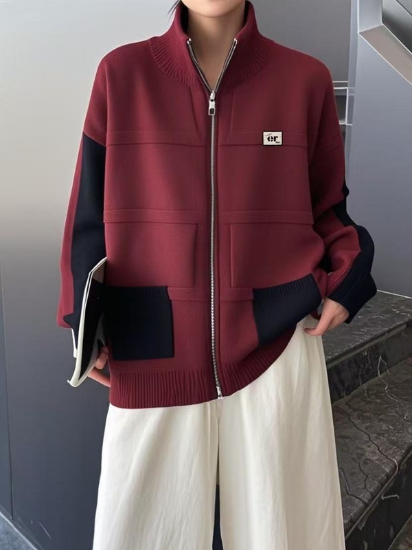 新款秋冬25年加厚特色撞色口袋宽松针织开衫毛衣拉链款|undefined