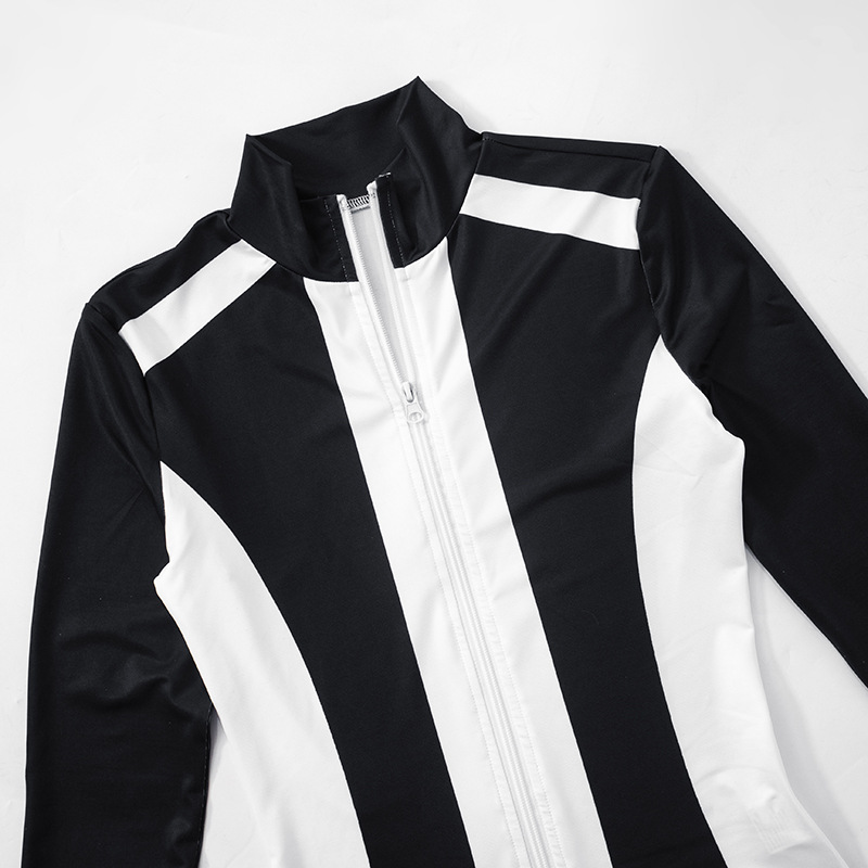 Women Clothing Autumn Winter Contrast Color Stitching Finger Fit Design Zipper Collared Cardigan Tight High Waist Suit