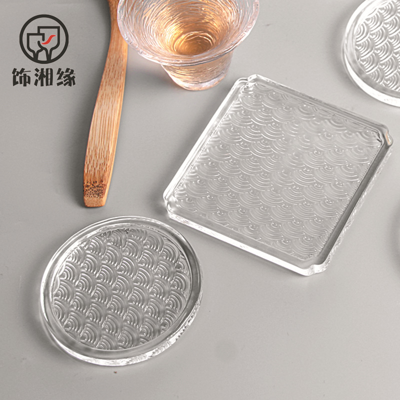 日式圓玻璃杯托玻璃杯墊功夫茶具配件茶托零配創意雲紋茶杯方墊子