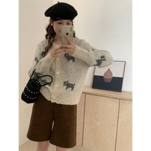慵懒风减龄毛衣卡通小狗外套早秋冬设计感针织开衫女潮费尔岛毛衣