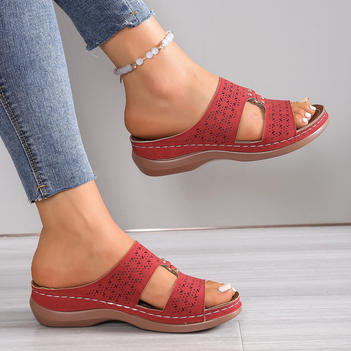 Sandalias de cuña wish amazon para mujer 2025 verano nuevo estilo comercio exterior gran tamaño casual una palabra sandalias romanas huecas
