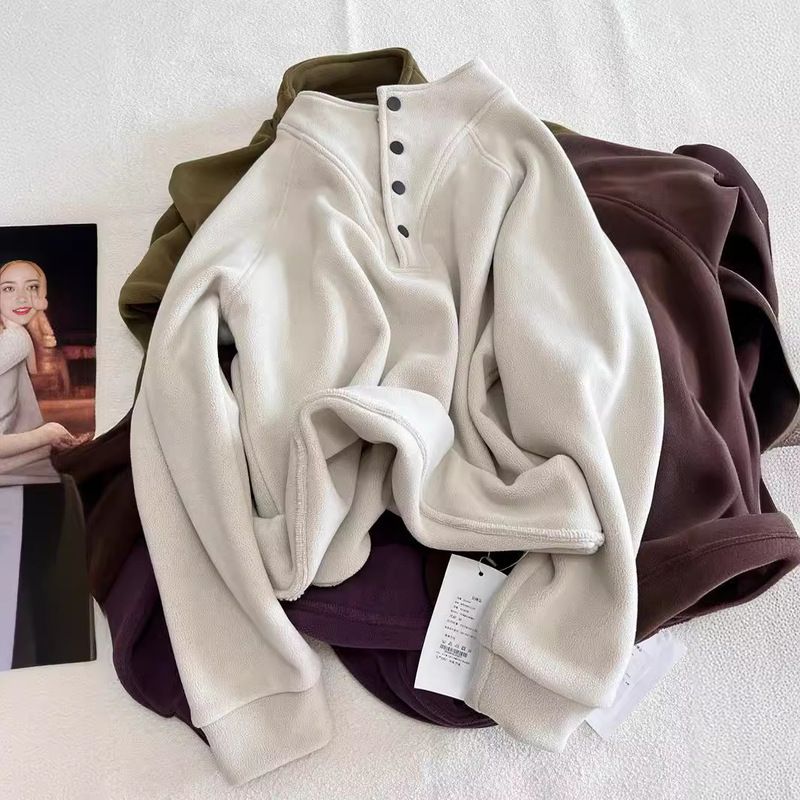 Light milk tea thickened warm self-heating top Australian fleece rivet buckle sweater winter women's casual stand collar long sleeve