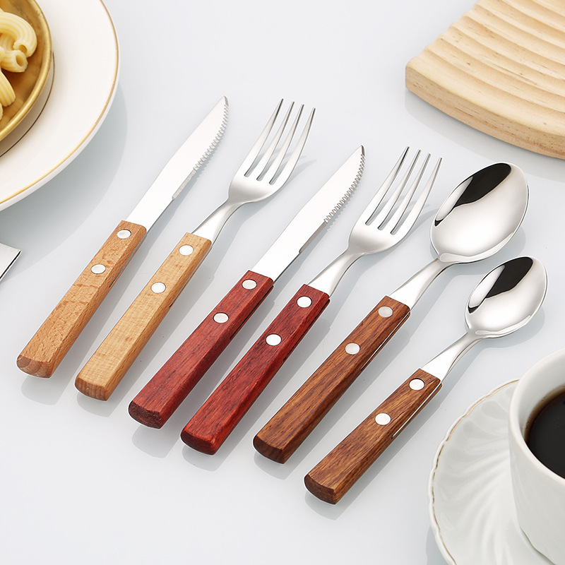 実木304ステンレスナイフフォークスプーン日本式明るい西洋食器花梨木柄ステーキナイフフォークスプーン4点セット|undefined