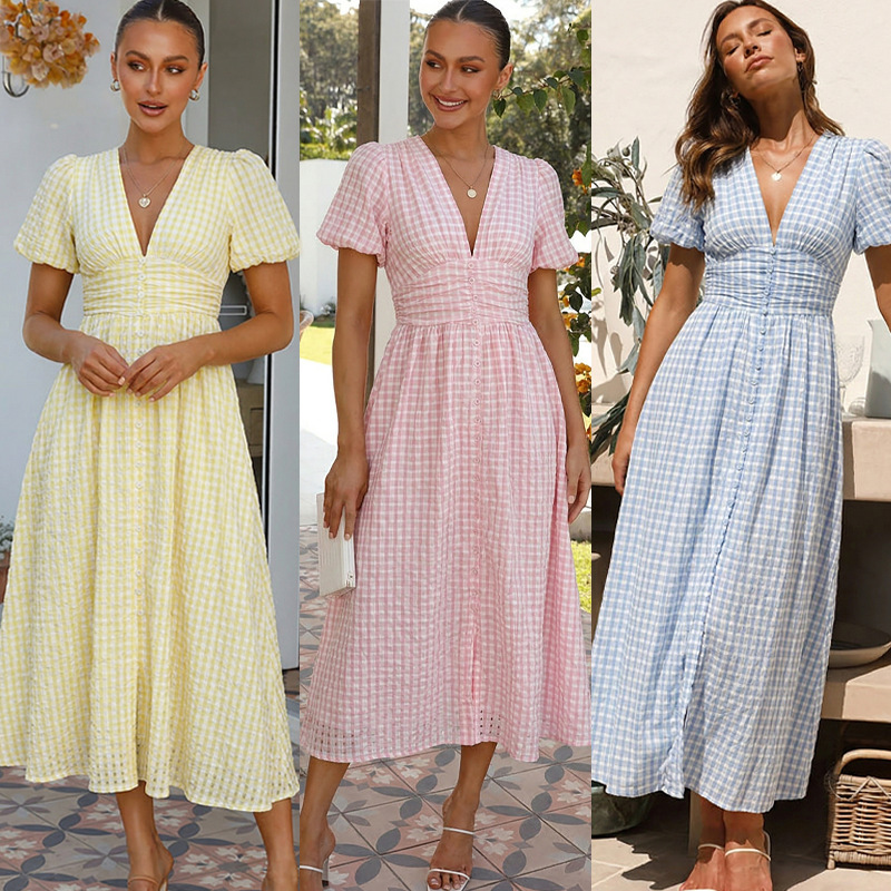 Cross-border European and American 2024 Women's New Pure Color V Neck Long Puff Sleeve Oversized Slimming Look Dress Cross-border European and American 2024 Women's New Pure Color V Neck Long Puff Sleeve Oversized Slimming Look Dress