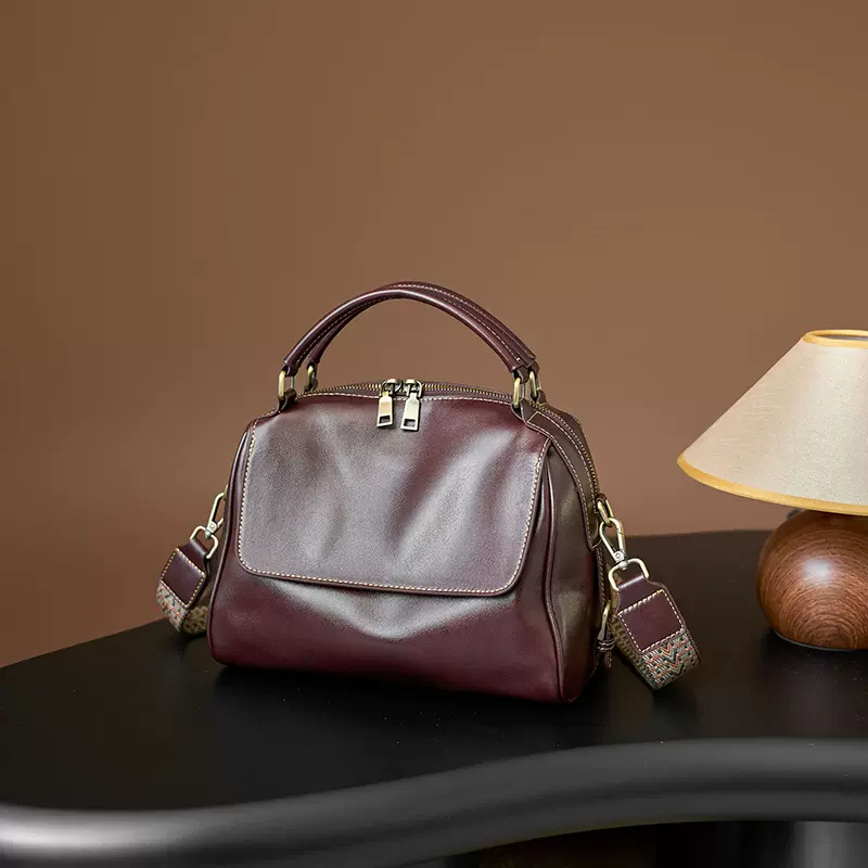软皮包包跨境斜挎真皮女包复古植鞣皮波士顿包直播手提单肩包780