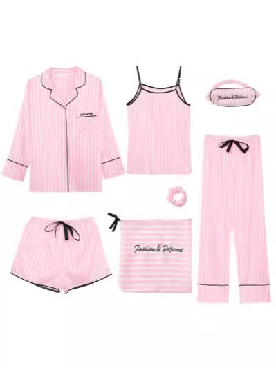 Cross-border ins2025 pijamas de primavera y otoño de mujeres siete piezas conjunto de rayas de ropa de casa coreana cuatro estaciones pijamas delgados