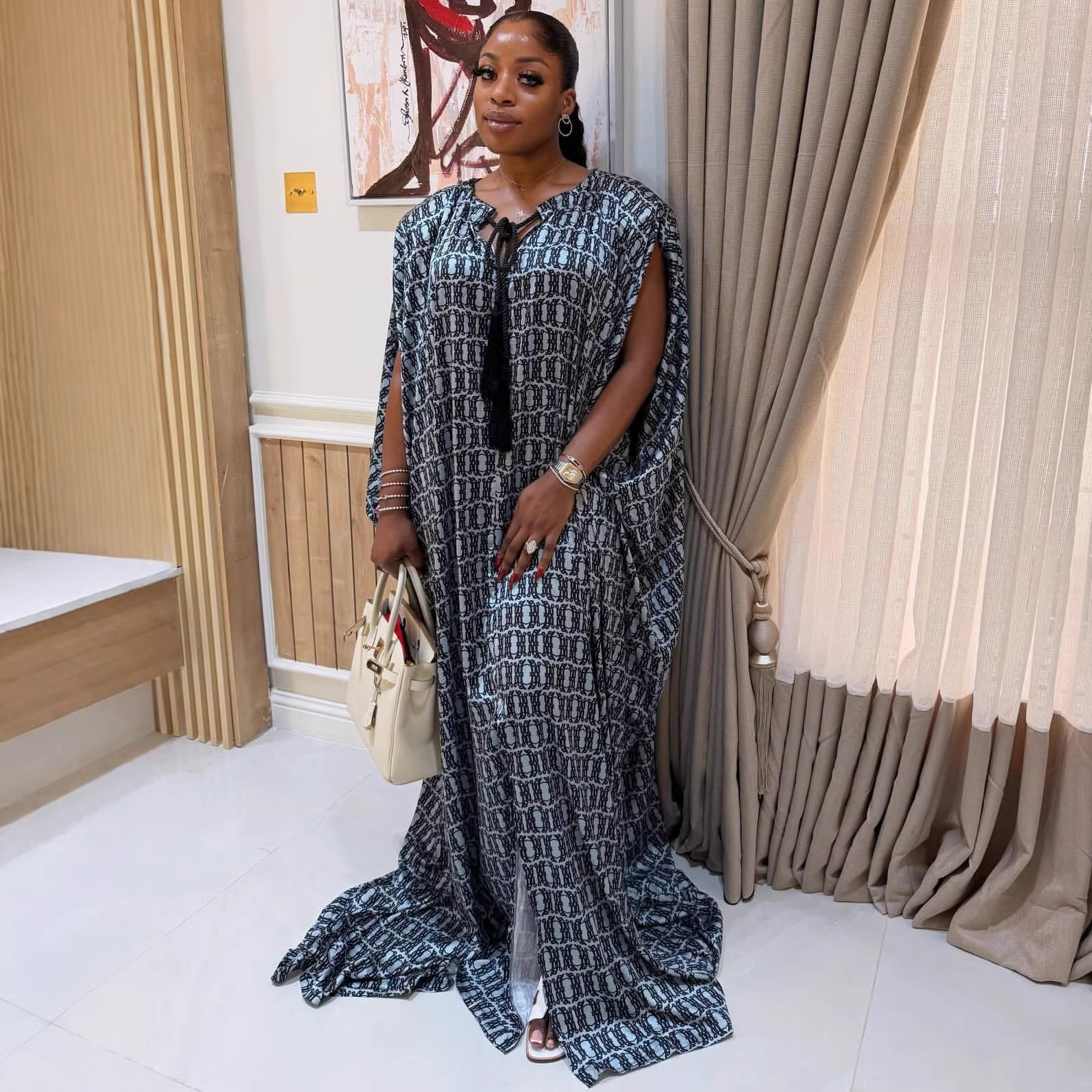 Women's American Style Loose Plus Size Dress African Chic Fashion Print Long Skirt Tie Up Design Lazy Fashion_ecoleips.com
